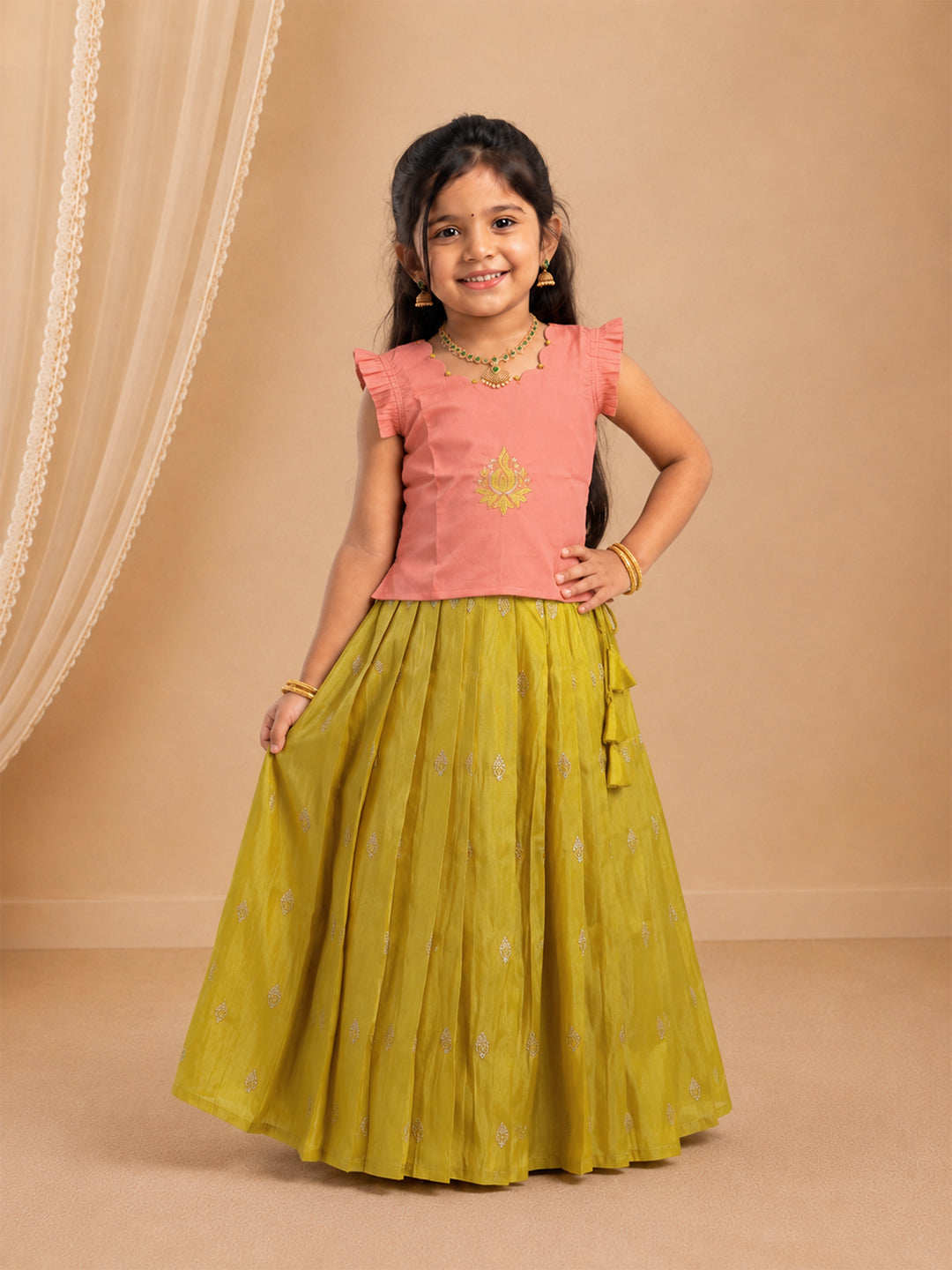 Girls Silk Cotton Peach Pattu Pavadai Set GPS40