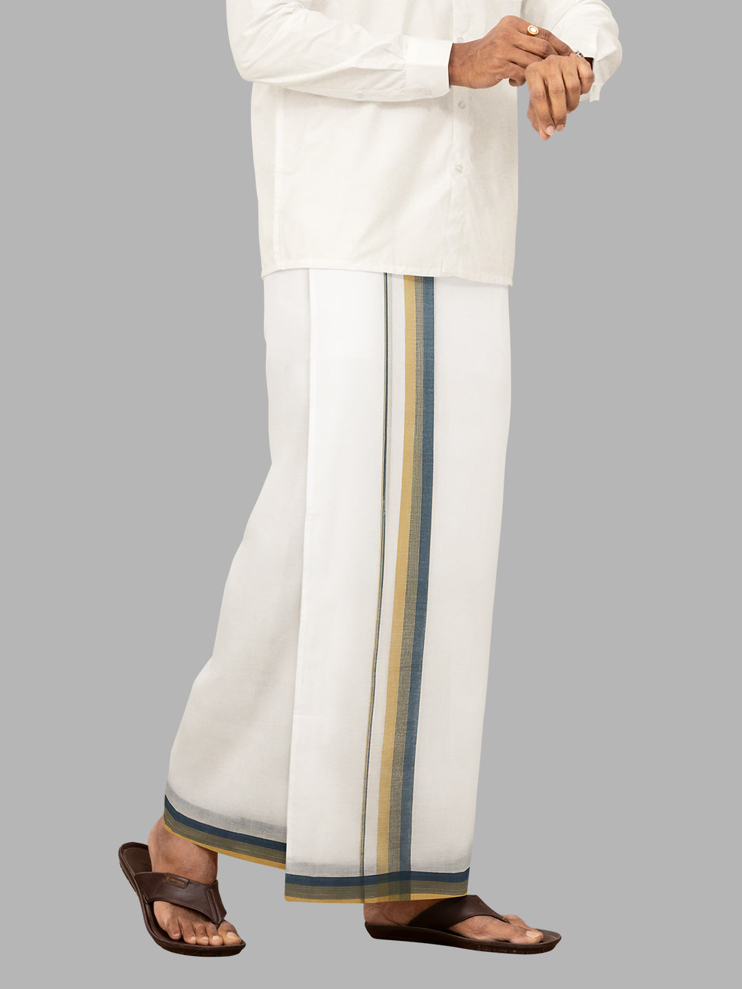 Men Sandal Fancy Border Double Layer White Dhoti RVS06