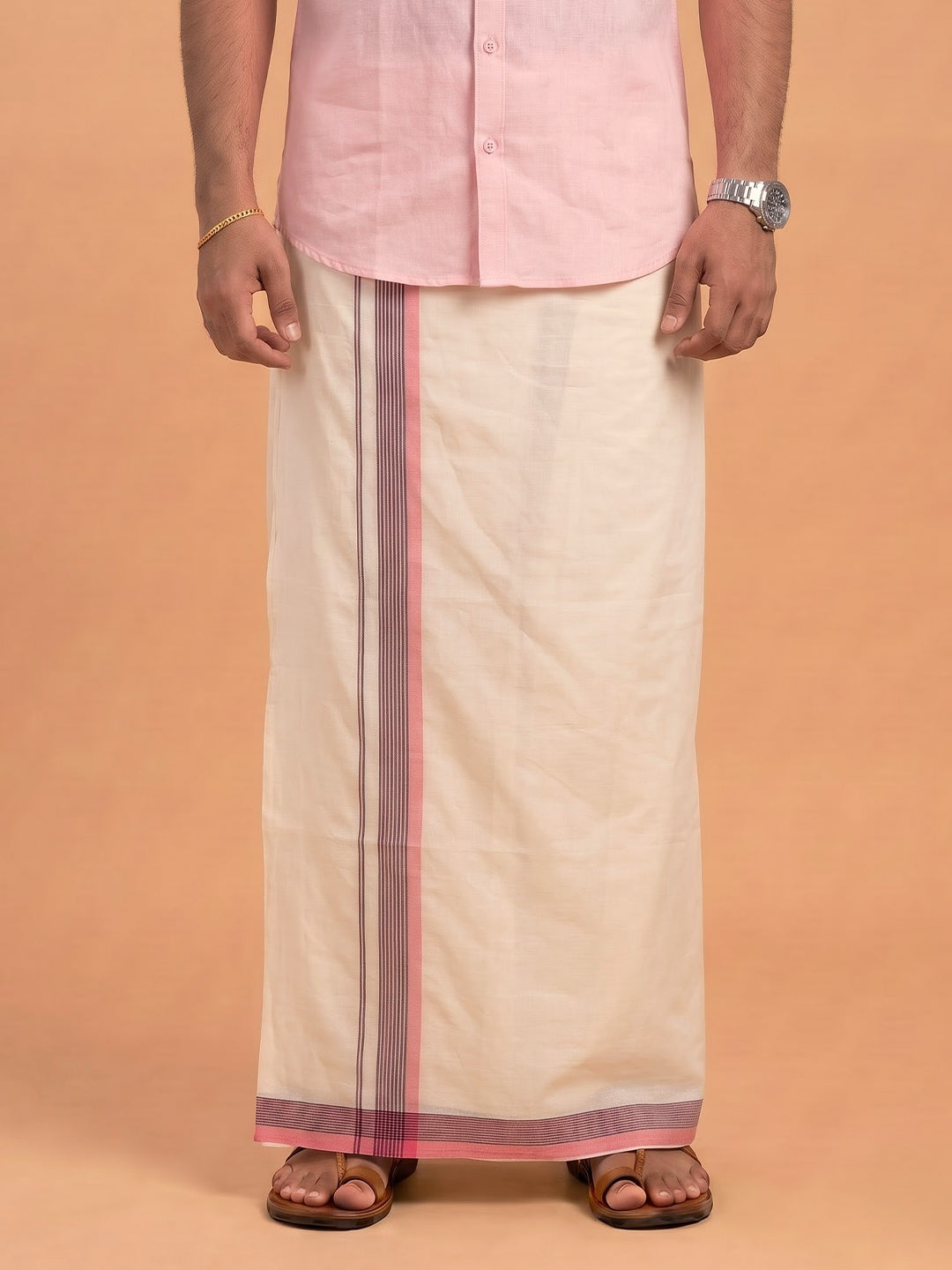 Double Layer 100% Cotton Cream Kora Dhoti with Colour Border - RKF07