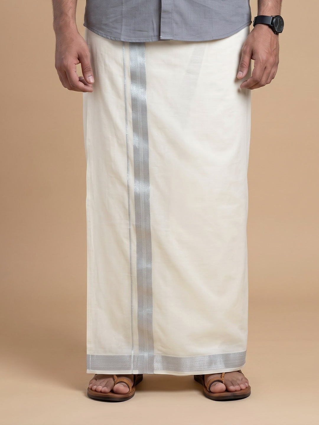 Double Layer 100% Cotton White Dhoti with Fancy Border - MSG01