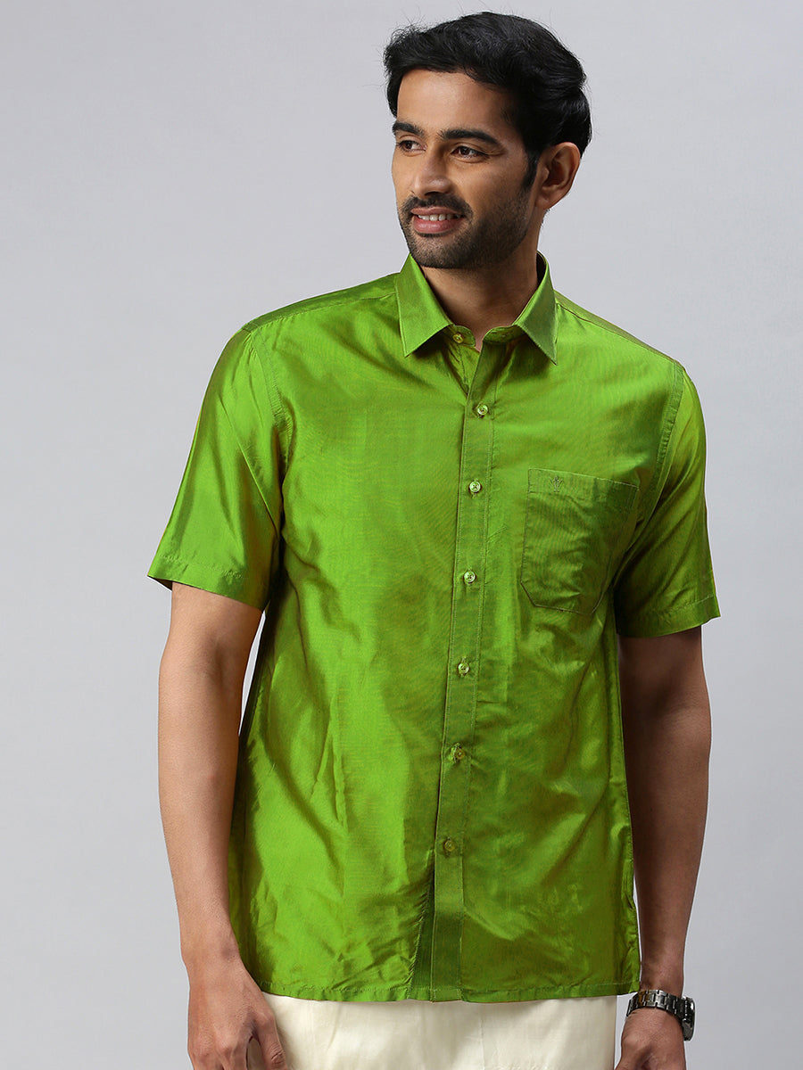 Mens Silk Feel Parrot Green Half Sleeves Shirt SFC09