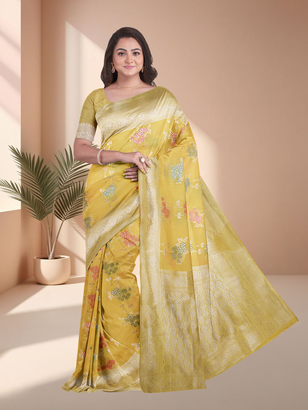 Women Yellow Art Silk Printed Saree ASS81
