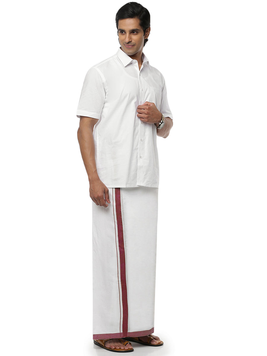 Mens Cotton Double Dhoti White with Fancy Border Vamana Maroon-Front view