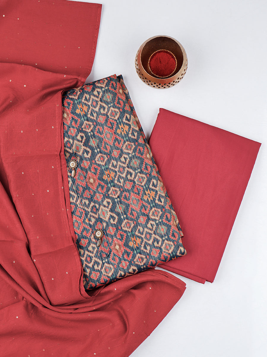Women Navy & Red Flower Digital Print Unstitched Semi Raw Silk Cotton Dress Material DM108