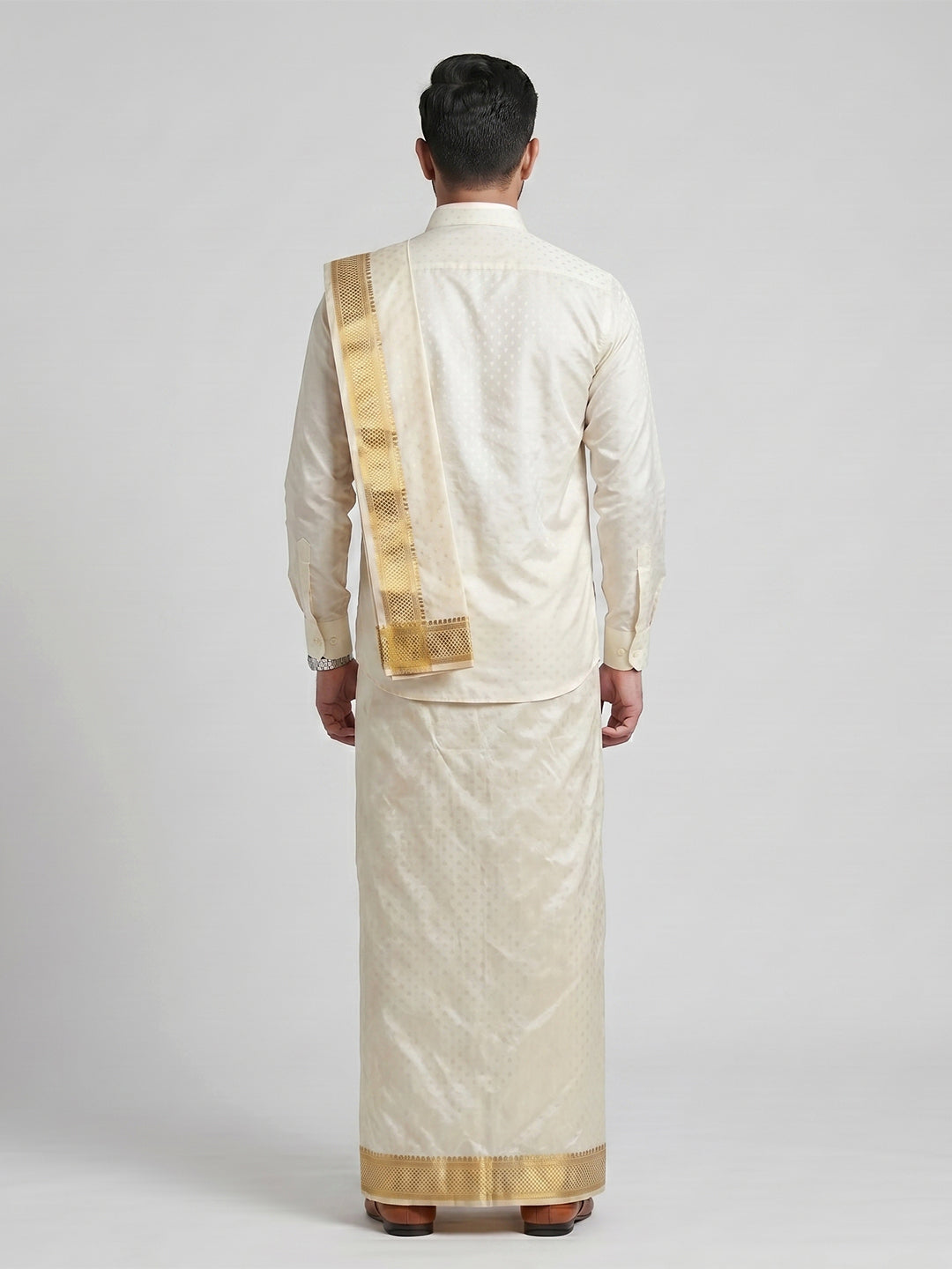 Men Art Silk Cream Self Design Shirt & Dhoti Towel Set Parinayam Grand CRJD1