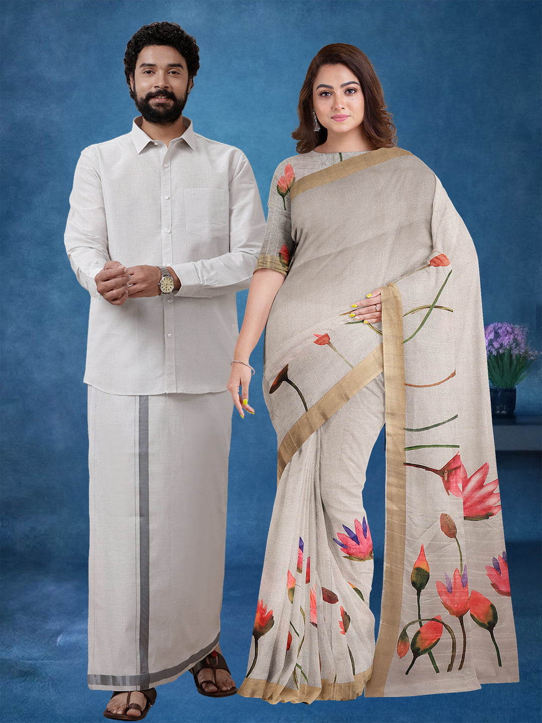 Couple Combo Shirt & Dhoti Set with Saree Steel Grey SRS96
