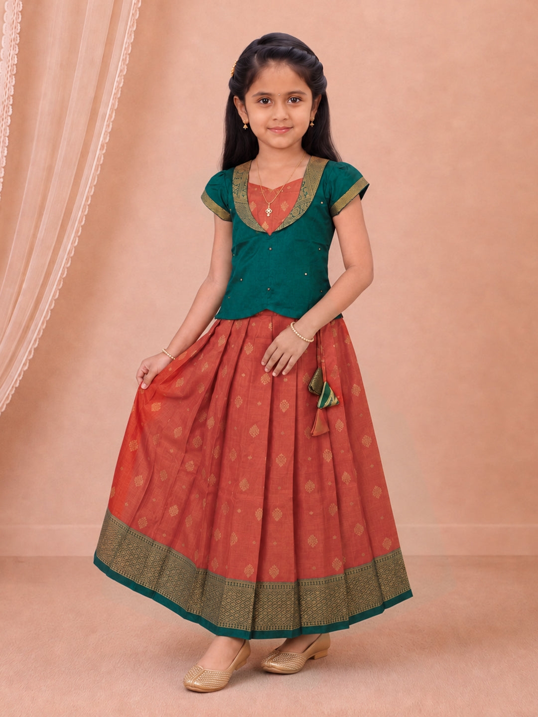 Girls Tissue Teal Green with Coral Pink Pattu Pavadai Set GPS67