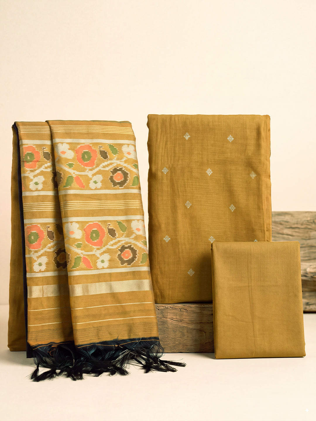 Women Semi Tussar Dress Material Mustard DM367