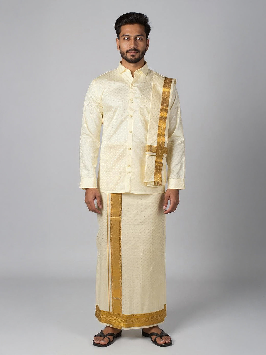 Men Art Silk Cream Self Design Shirt & Dhoti Towel Set Parinayam Grand CRJD5