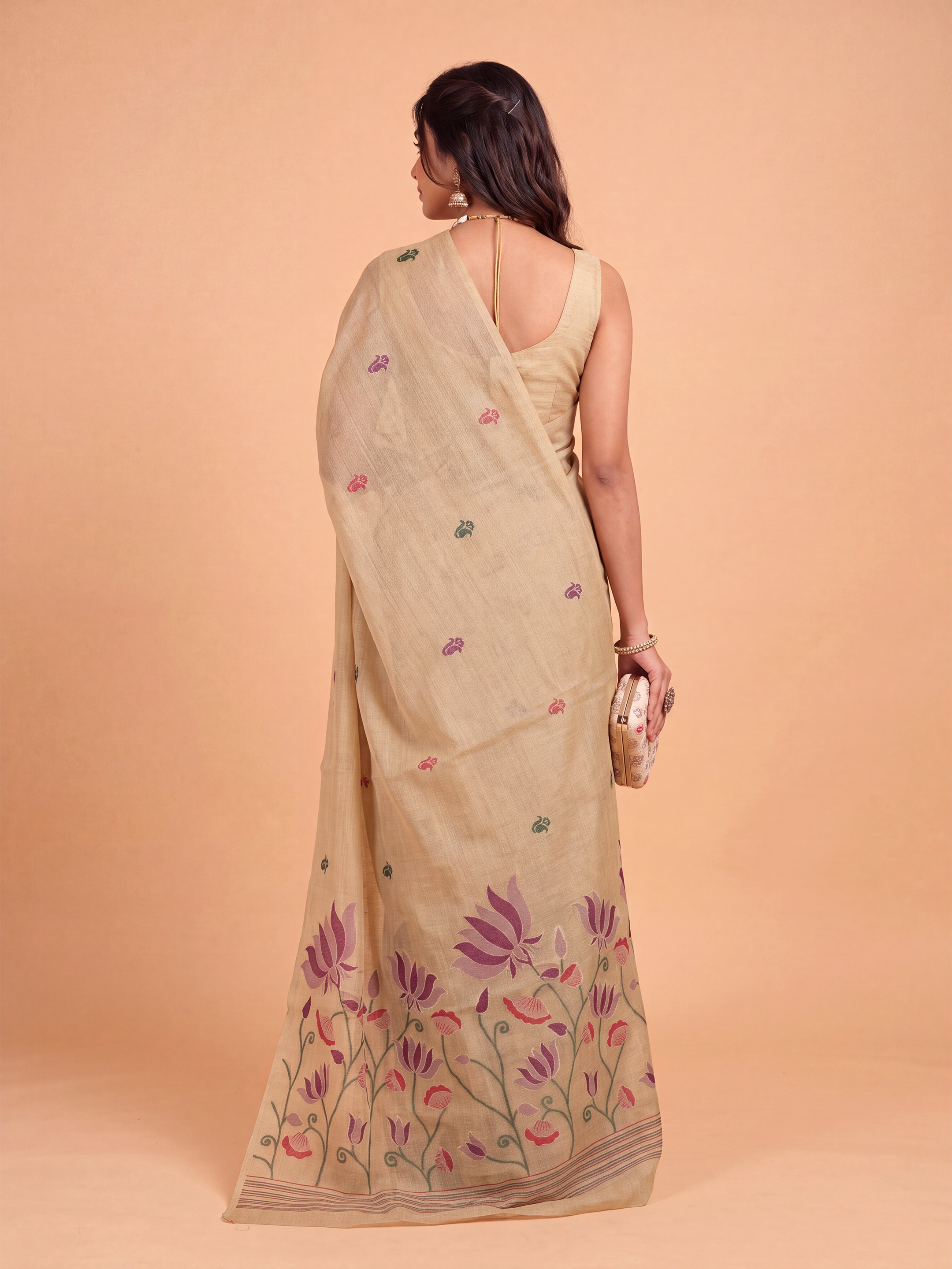 Women Light Brown Spun Poly Printed Saree SP12