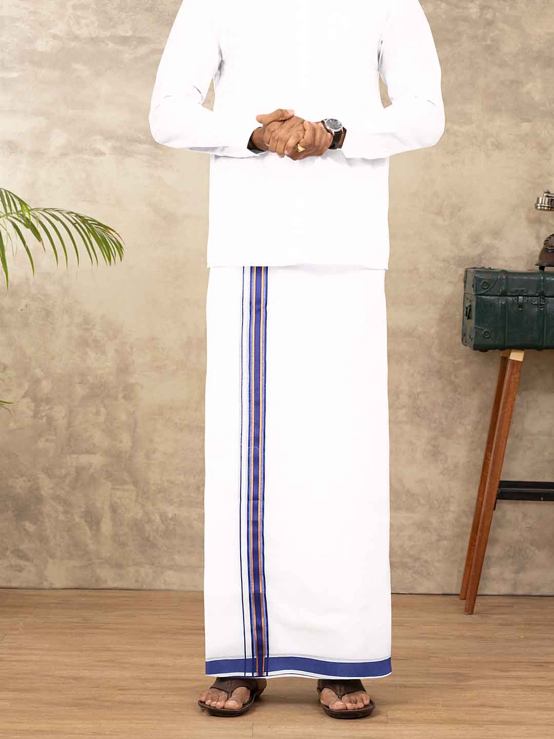 Men Cotton Blend Double Layer White Dhoti with Fancy Jari Border VGF02