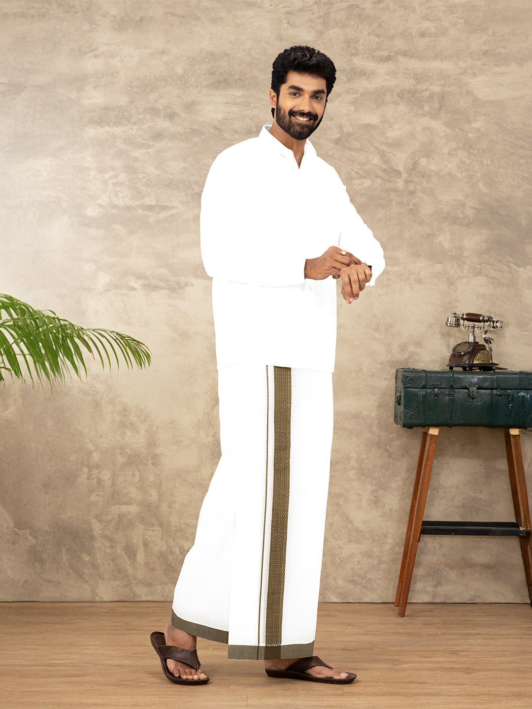 Men Cotton Blend Double Layer White Dhoti with Fancy Border TF06