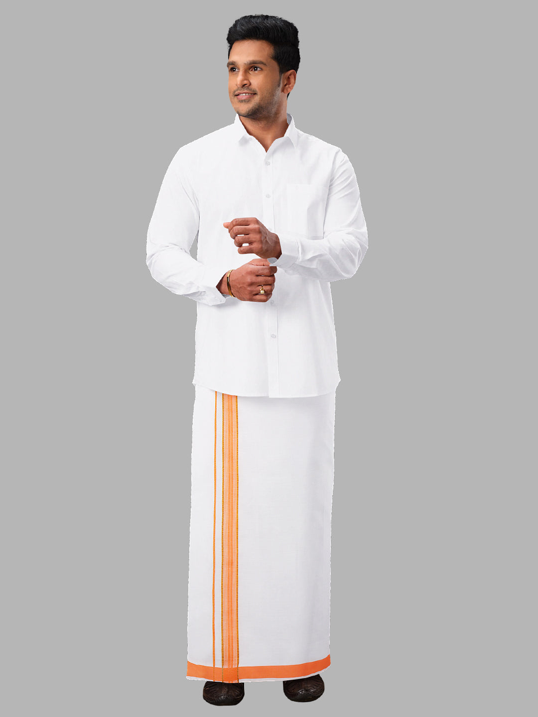 Men Orange Adjustable Pocket Dhoti with Fancy Border GACJ19