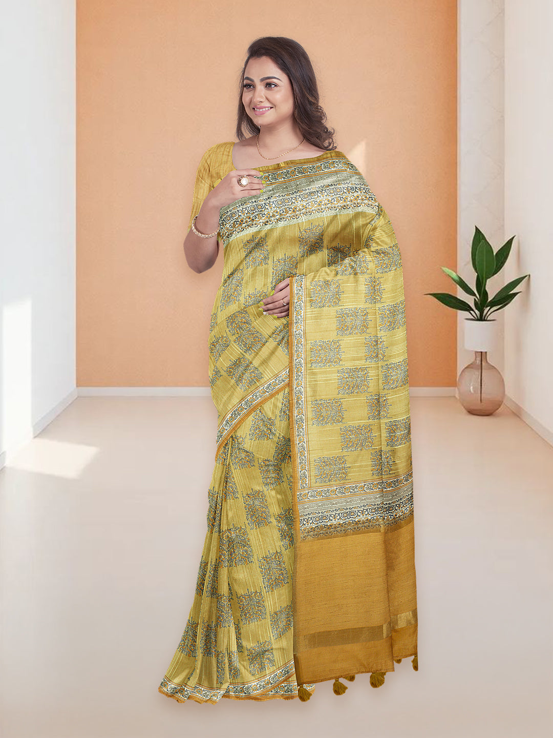 Women Mustard Yellow Semi Tussar Printed Saree ST293