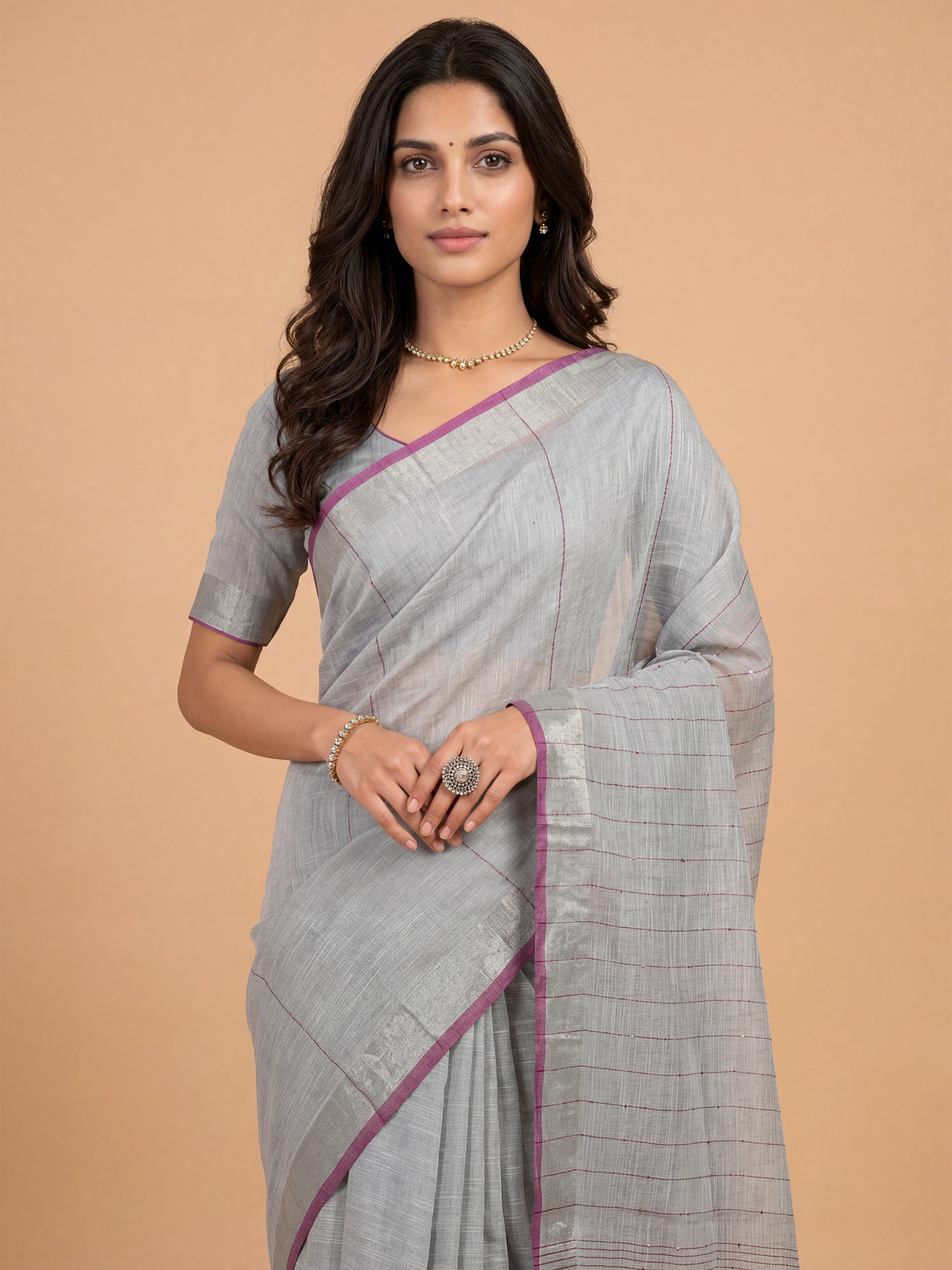 Women Semi Linen Grey Saree SL255