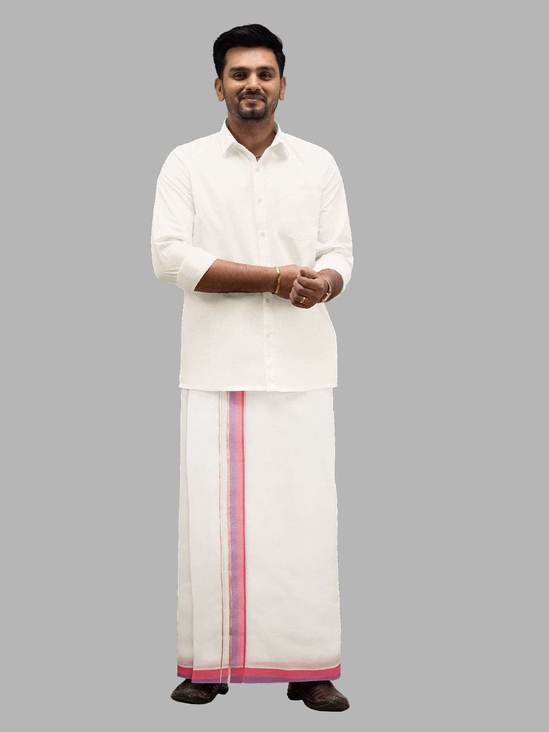 Men Pink Fancy Jari Border Double Layer White Dhoti PJF3