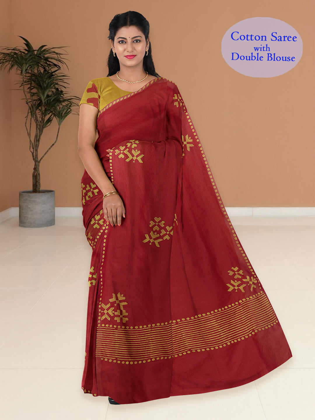 Women Dark Orange Cotton Saree with Double Blouse PCS211