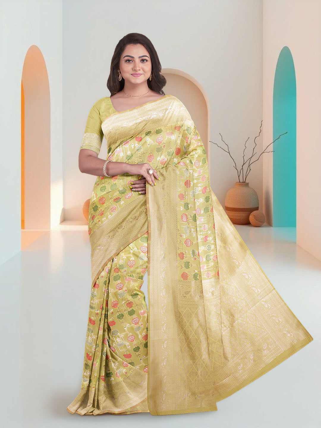 Women Yellow Art Silk Printed Saree ASS80