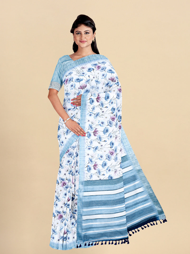 Womens Semi Cotton Blue & Silver Colour Printed Saree CPS28