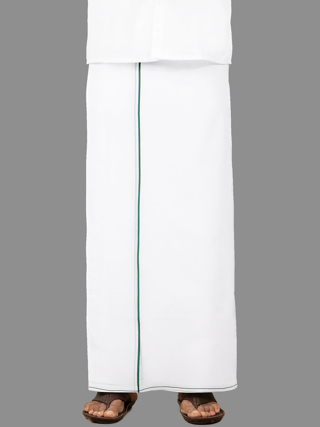 Men White with Green Small Border Single Layer Dhoti Ice Gold