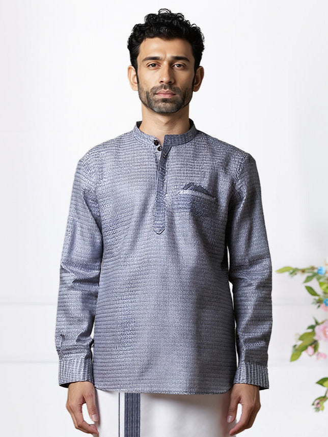 Men Denim Blue Short Length Kurta with Matching Border Dhoti Set RJ44