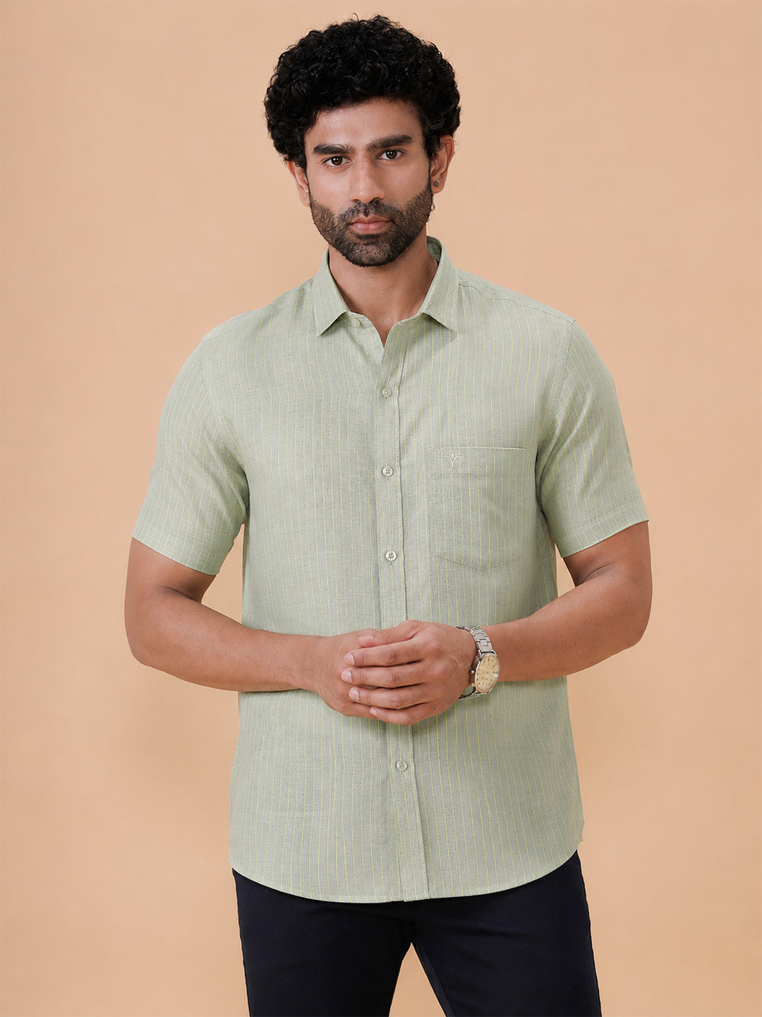 Men Pure Linen Striped Shirt Pale Green LS34