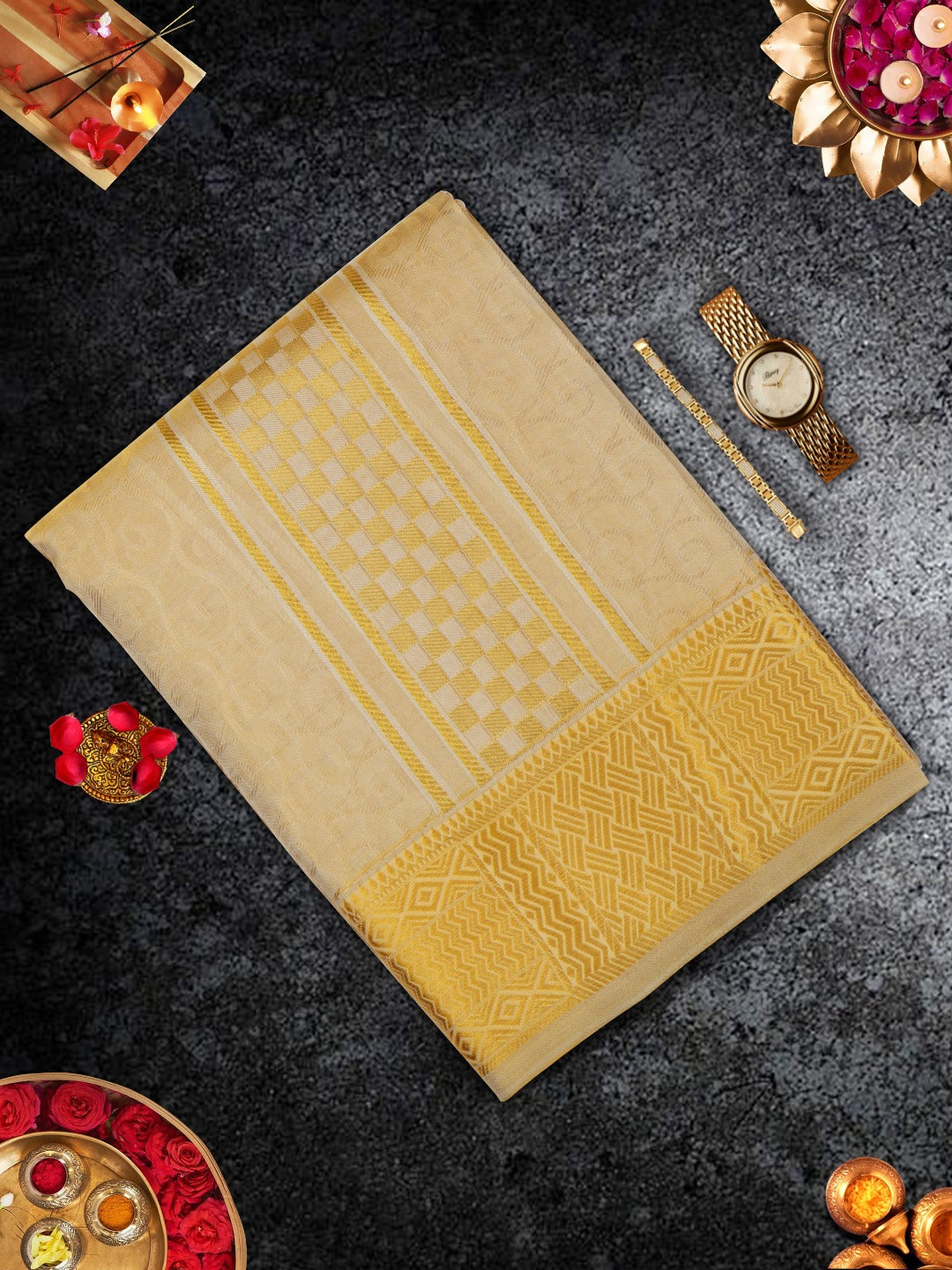 Pure Silk Tissue Colour 3" Gold Jari Border Dhoti With Towel Thirukalyan Emb Tissue