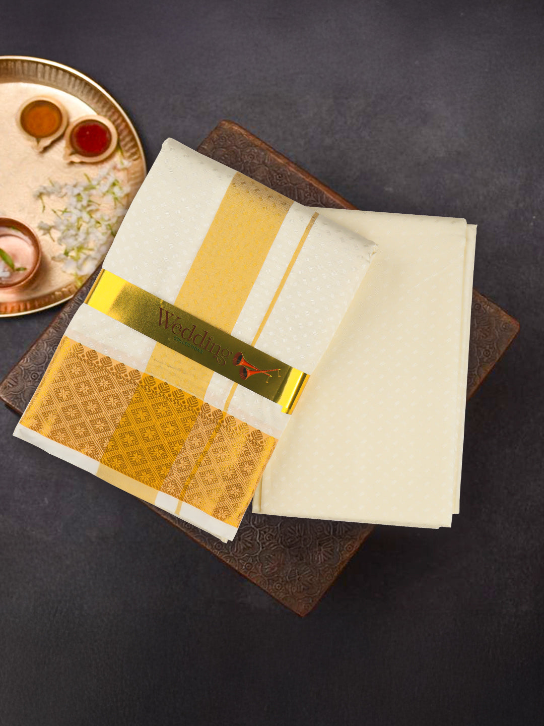 Men Art Silk Gold Jari Dhoti & Shirting Cream Mangalakara Set 140k (2 in 1)