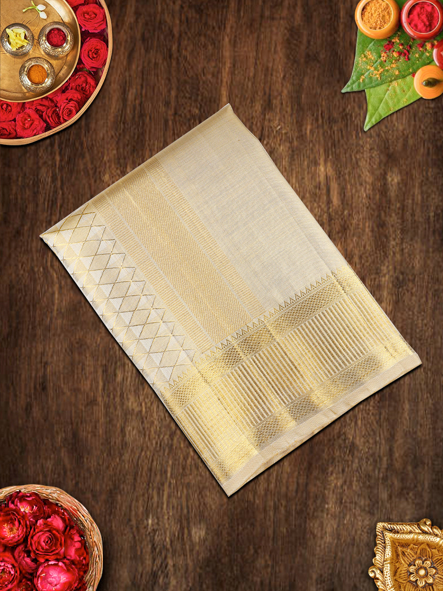 Premium Pure Silk Tissue Jari Dhoti With Angavastram 5" Gold Jari Border Agarshanaa-view one