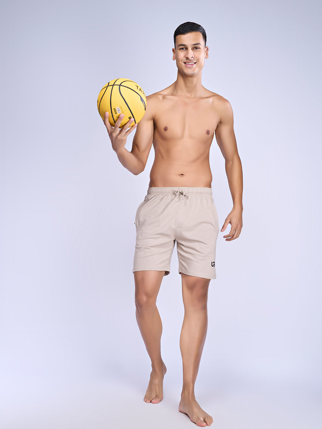 Men Beige Combed Cotton With Side Zipper Shorts