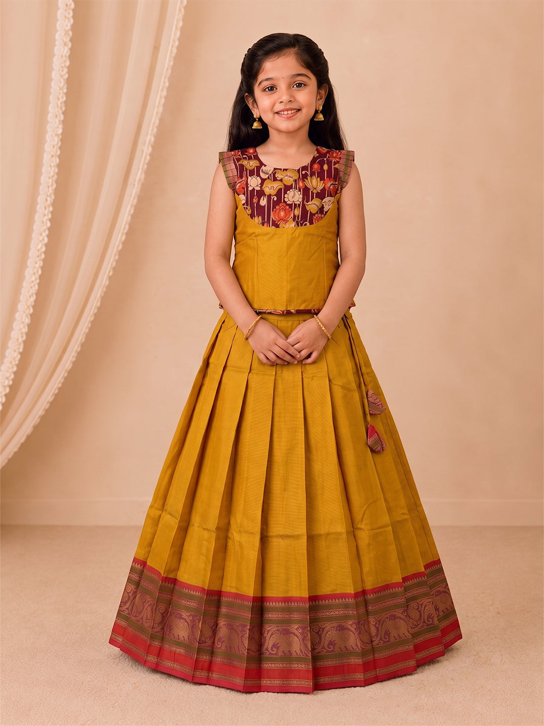 Girls Cotton Mustard Pattu Pavadai Set GPS53