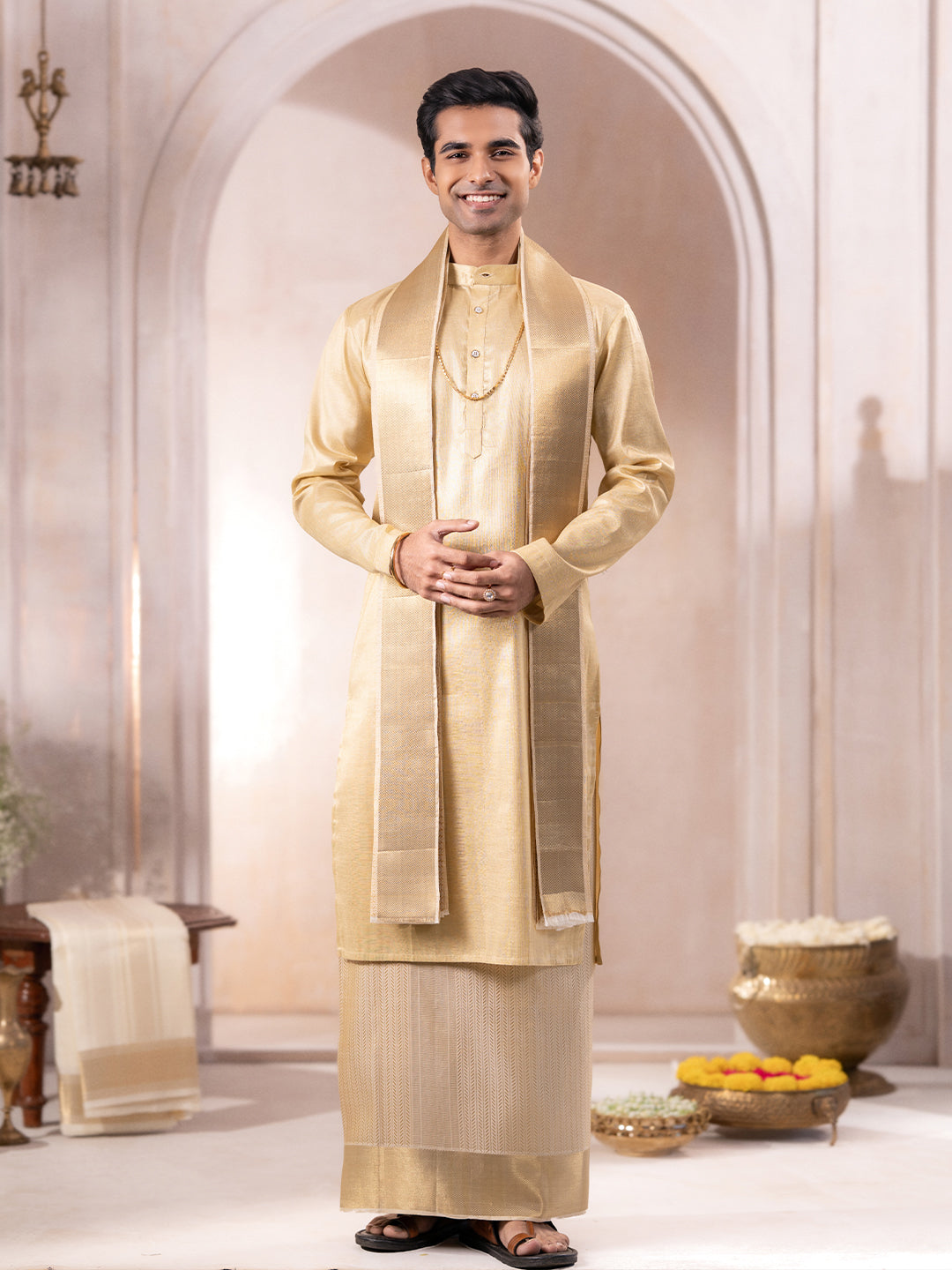 Pure Silk 4½" Fawn Dhoti & Towel Wedding Set – Amirtham Half Fine Jari Self-Weave Design
