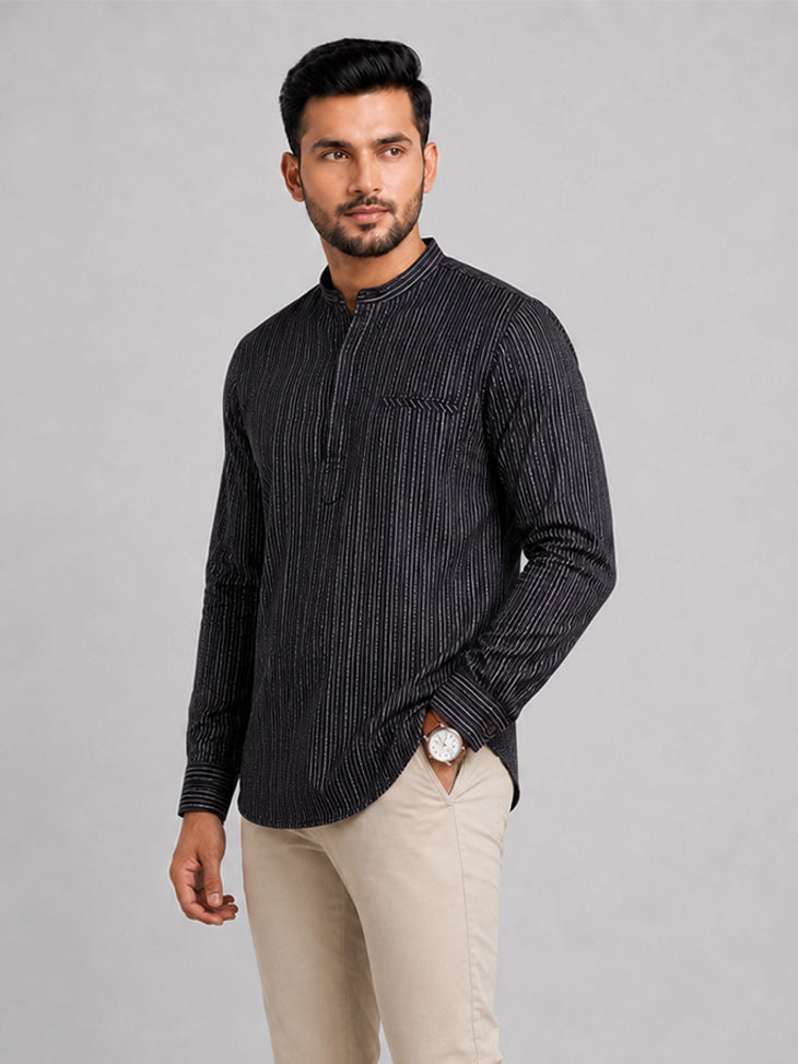 Cotton Short Length Stripes Pocket Kurta Black RJ26