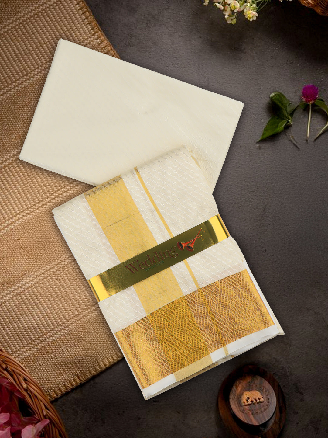 Men Art Silk Gold Jari Dhoti & Shirting Cream Mangalakara Set 140k (2*1)