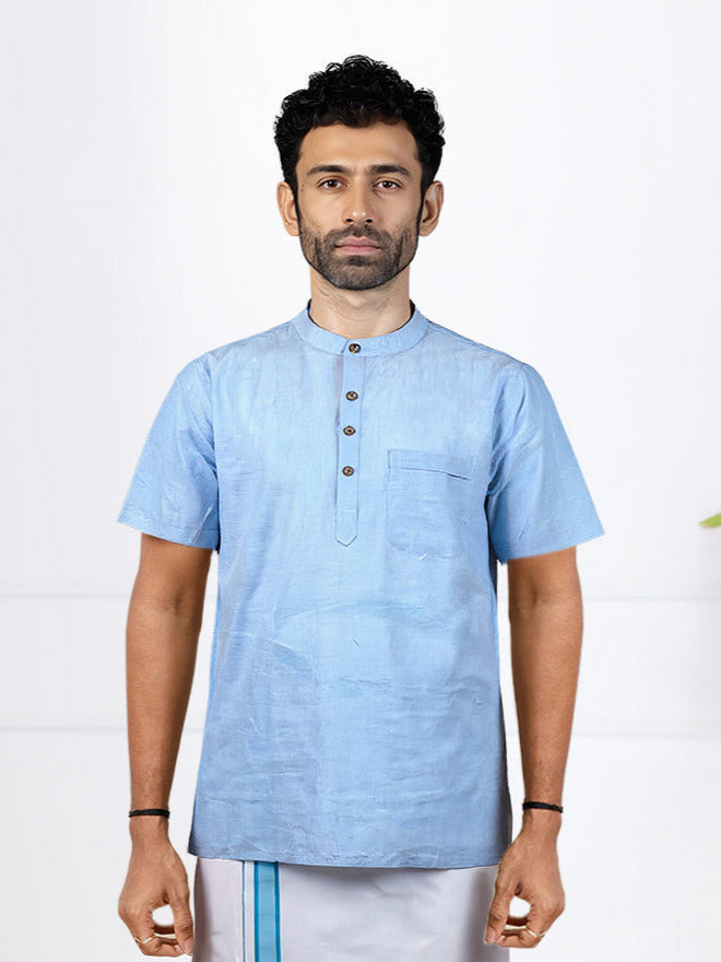 Men Cotton Short Length Plain Pocket Kurta Light Blue PC28