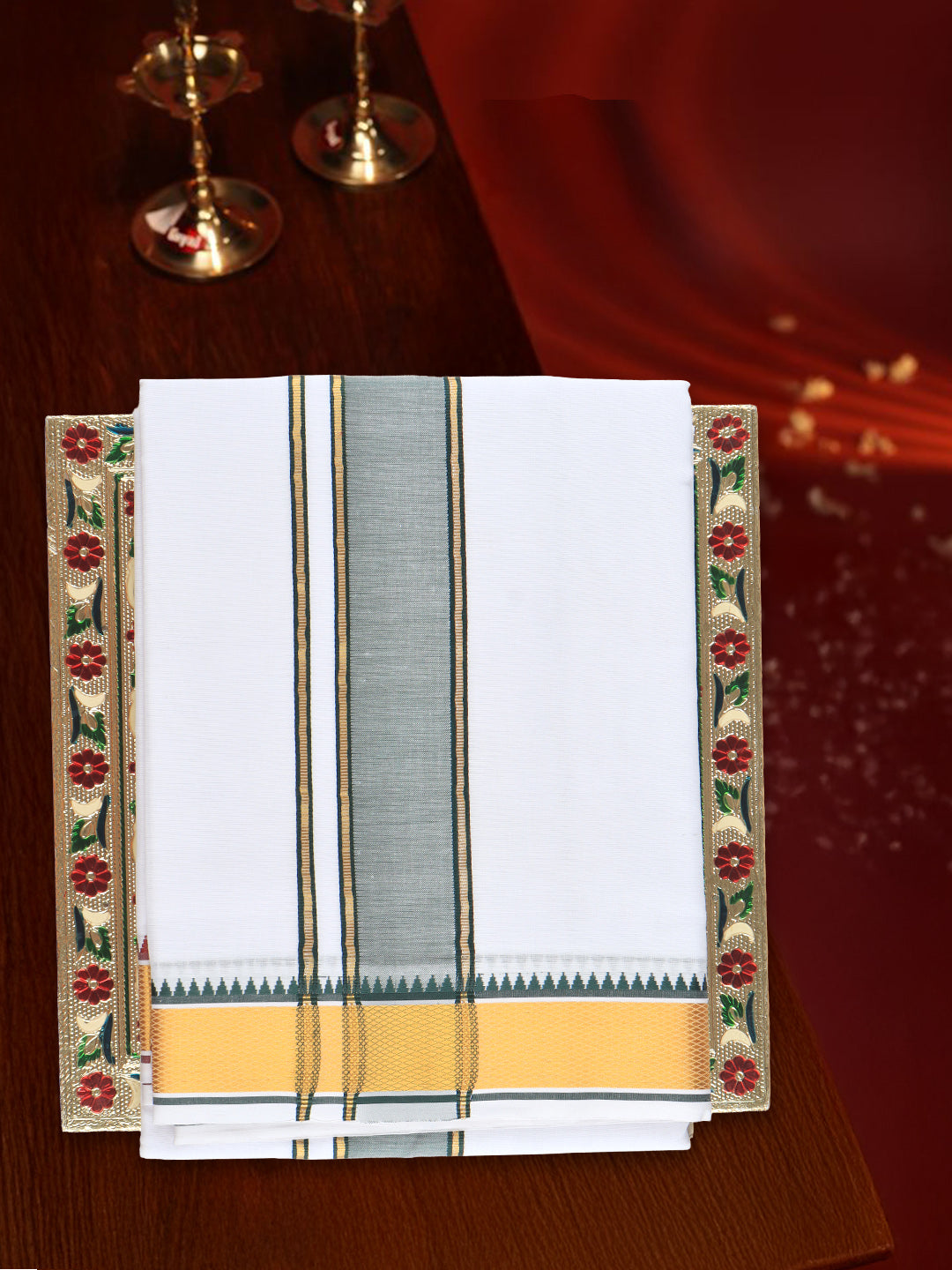 Men 100% Cotton Fancy Jari Border Panchakacham with Angavasthram Simhachalam (9+5)