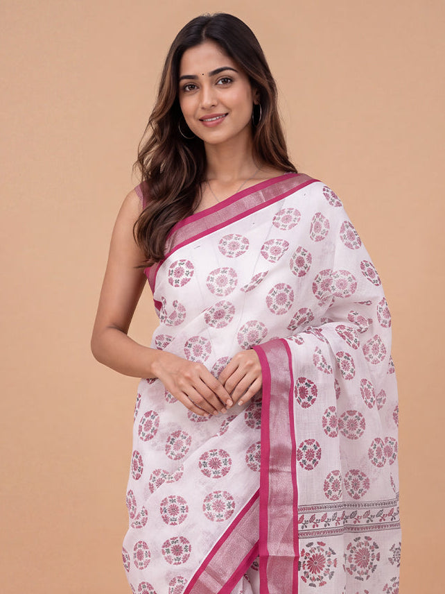 Women Semi Linen White with Purple Printed Saree SL264
