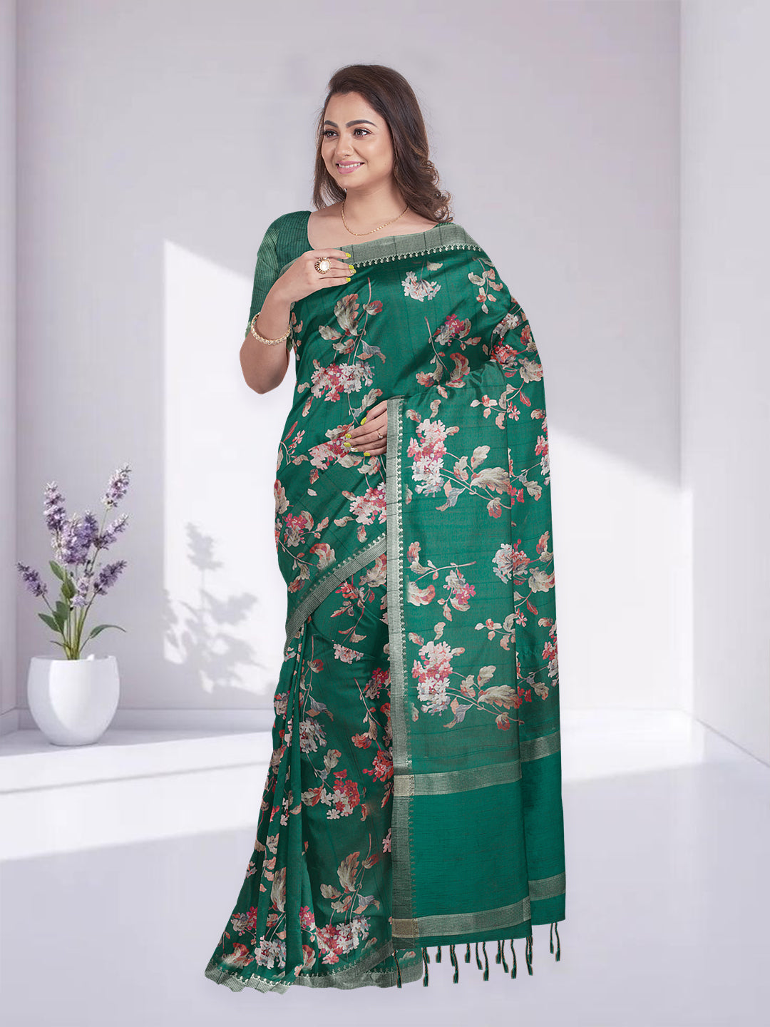 Women Pine Green Semi Raw Silk Printed Saree SRS103