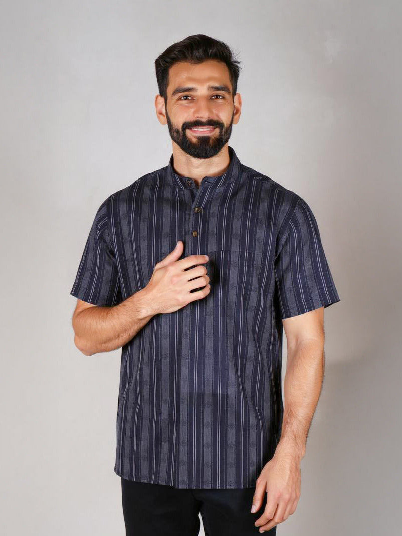 Men Cotton Short Length Striped Pocket Kurta Blue RJ03
