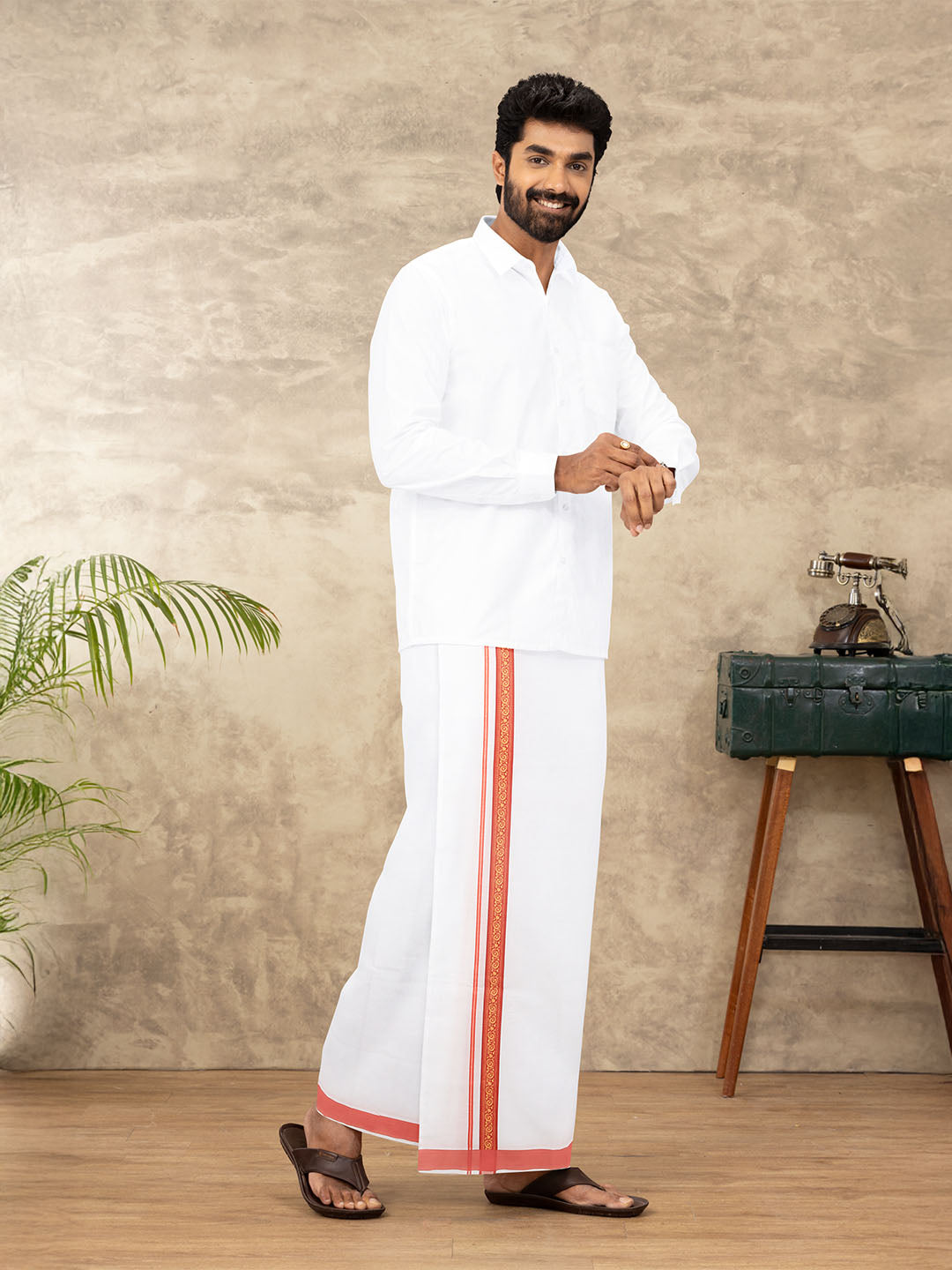 Men Cotton Blend Single Layer White Dhoti with Double Side Fancy Border HM 08