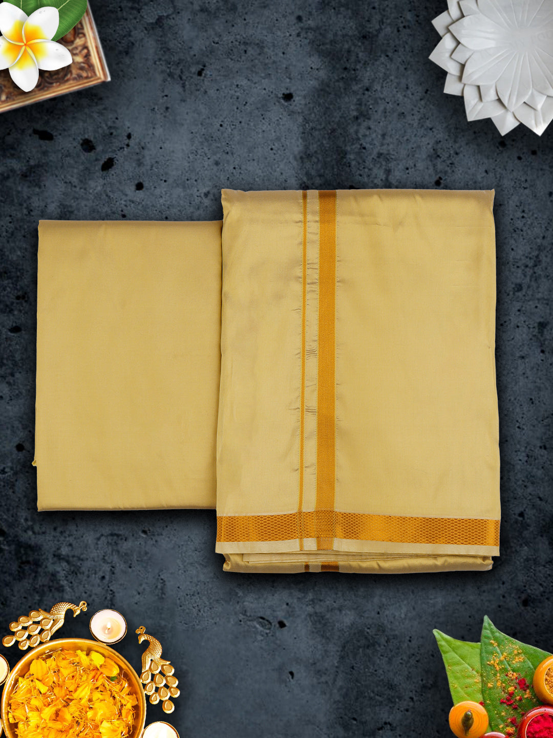 Mens Premium Art Silk Gold Shirting & Gold Jari Border Panchakacham Set 9+5 Ashirwath