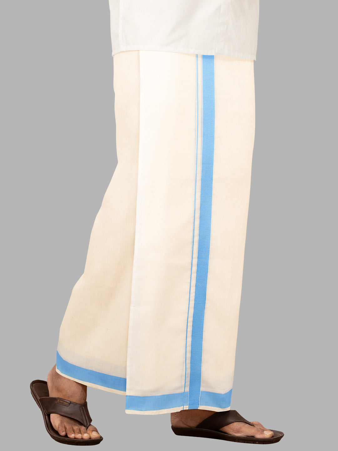 Men Blue Border Double Layer Cream Dhoti Redfort Kora Special