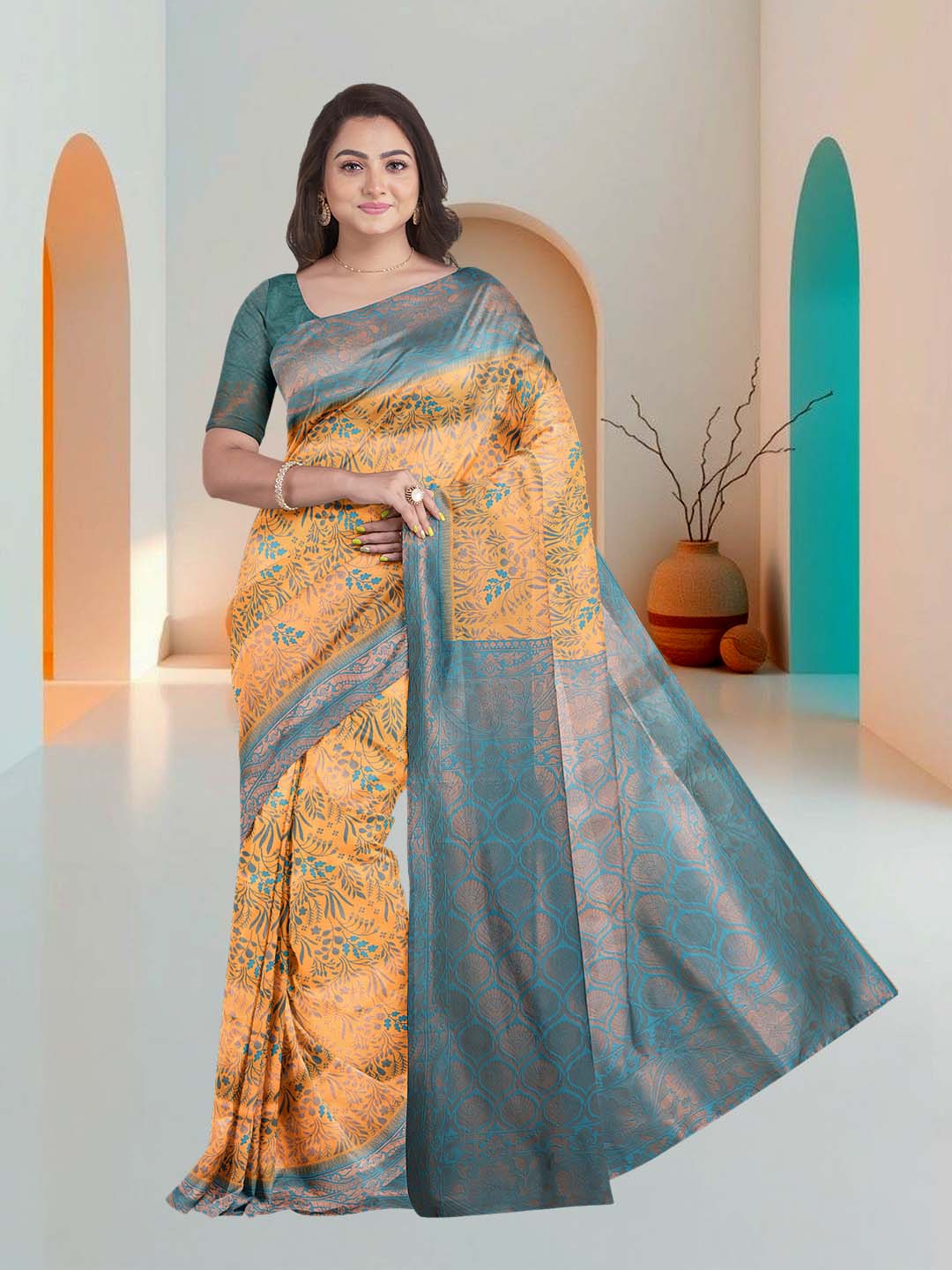 Women Yellow Art Silk Printed Saree ASS69