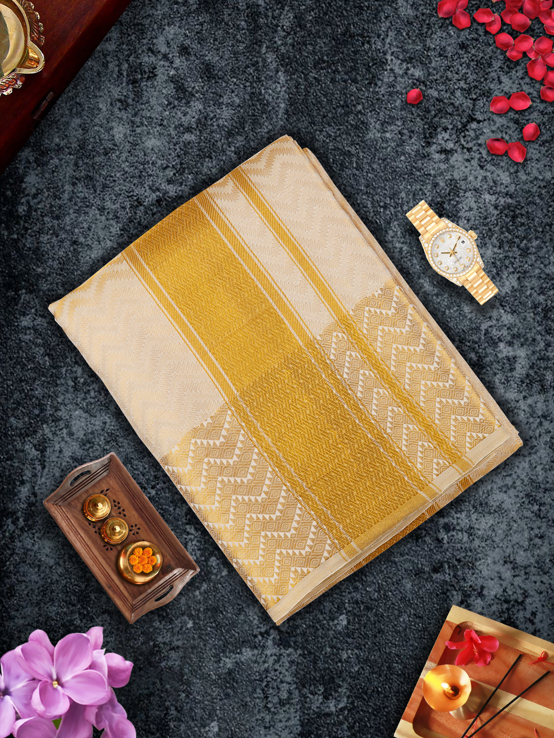 Pure Silk Embossed 5" Gold Jari Border Dhoti With Towel Thirukalyan