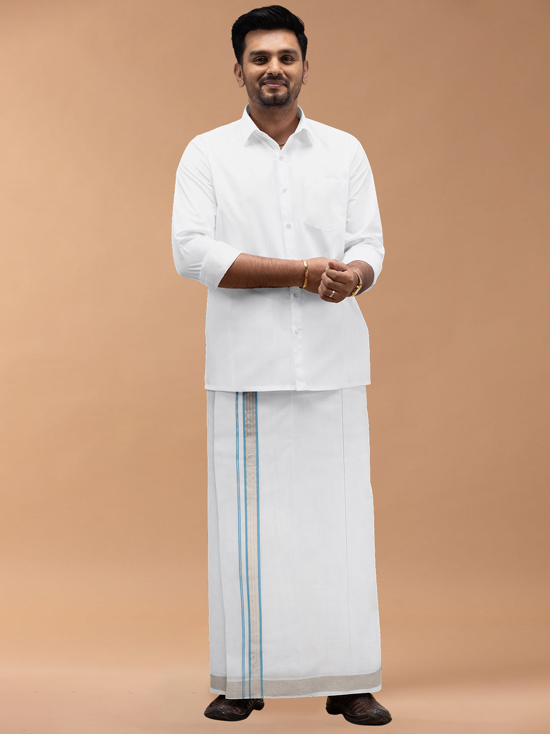 Mens Premium Handloom Dhoti Blue with Silver Jari Border HLM23