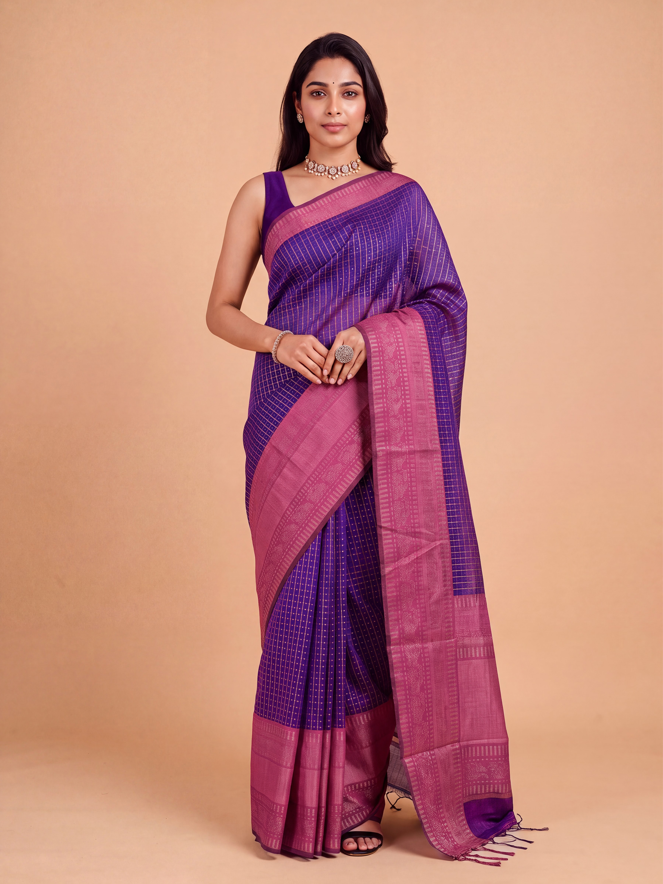 Women Semi Linen Violet Checked Fancy Saree SL260