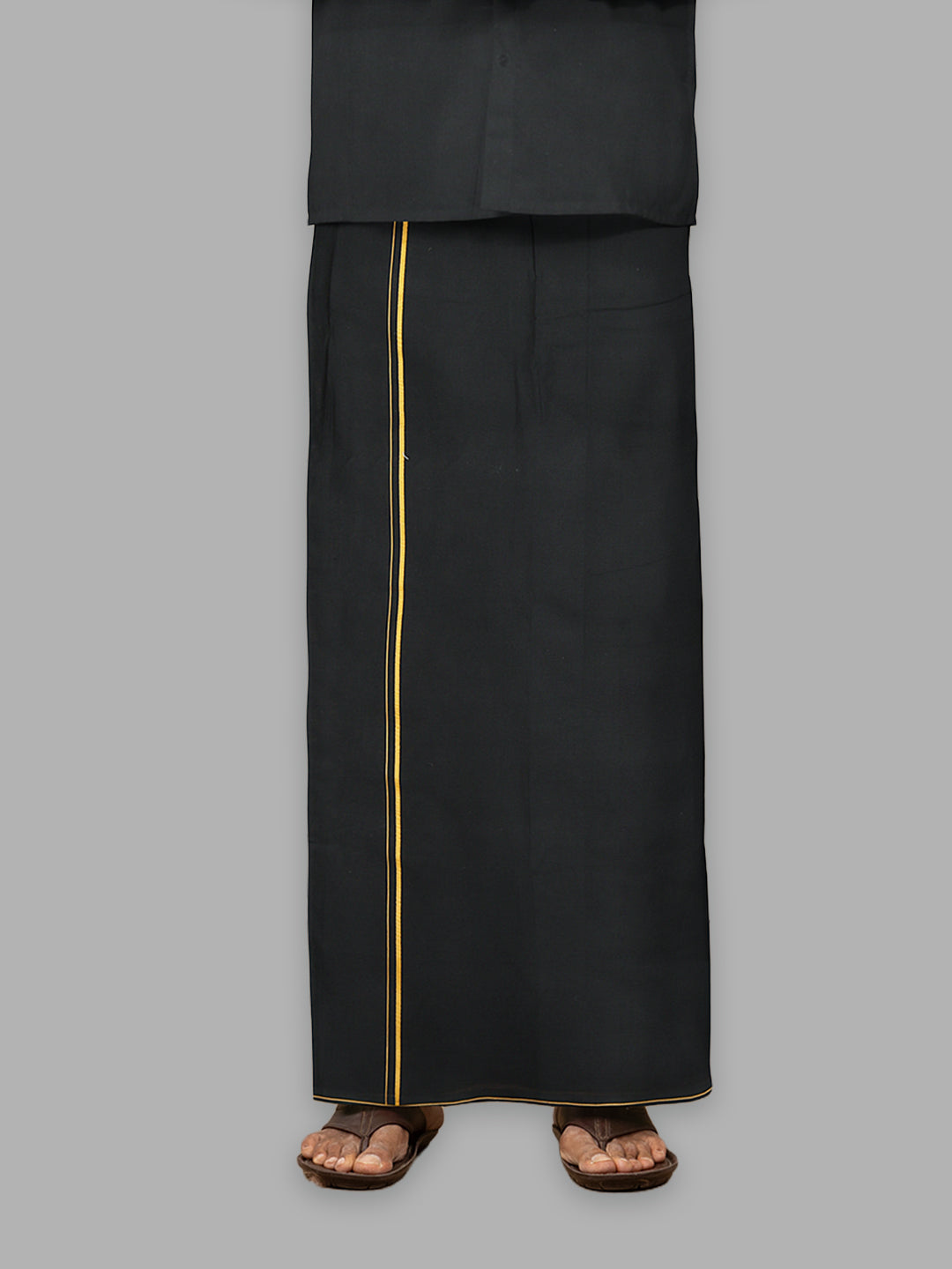 Men Cotton Blend Single Layer Black Dhoti & Towel Set with Yellow Small Border Sudhan