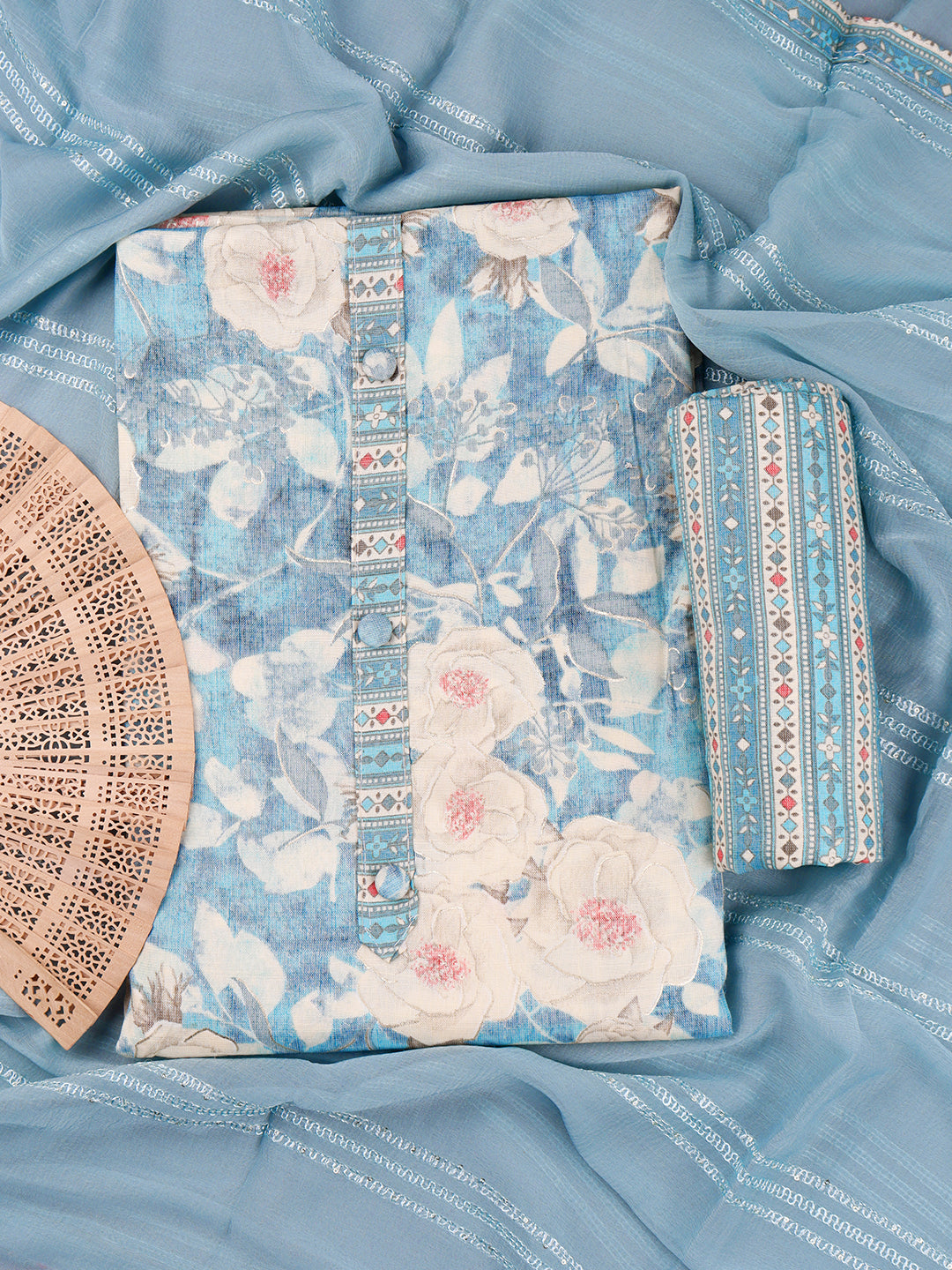 Women Blue with Cream Colour Flower Digital Print Unstitched Tissue Cotton Dress Material DM131