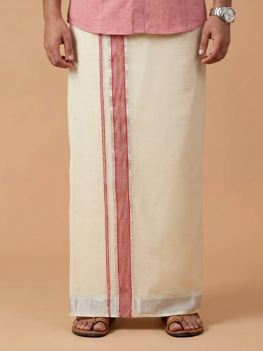 Double Layer Giza Cotton Cream Kora Dhoti with Colour Jari Border - LC41