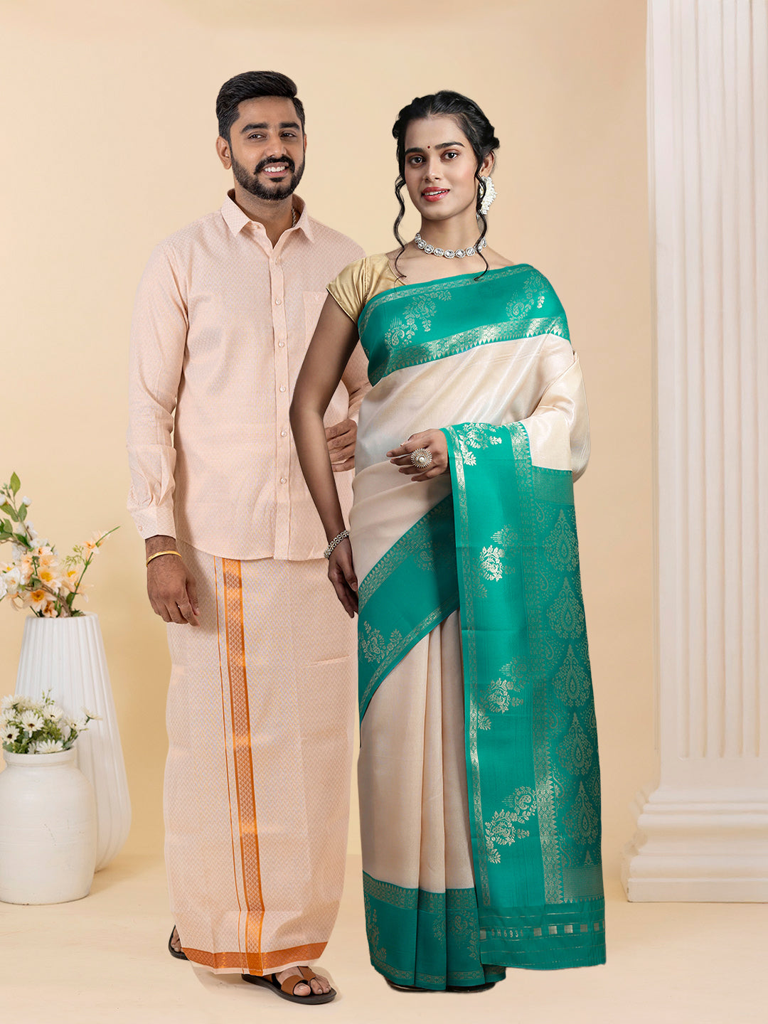 Couple Combo Shirt & Dhoti Set with Saree Copper TS61